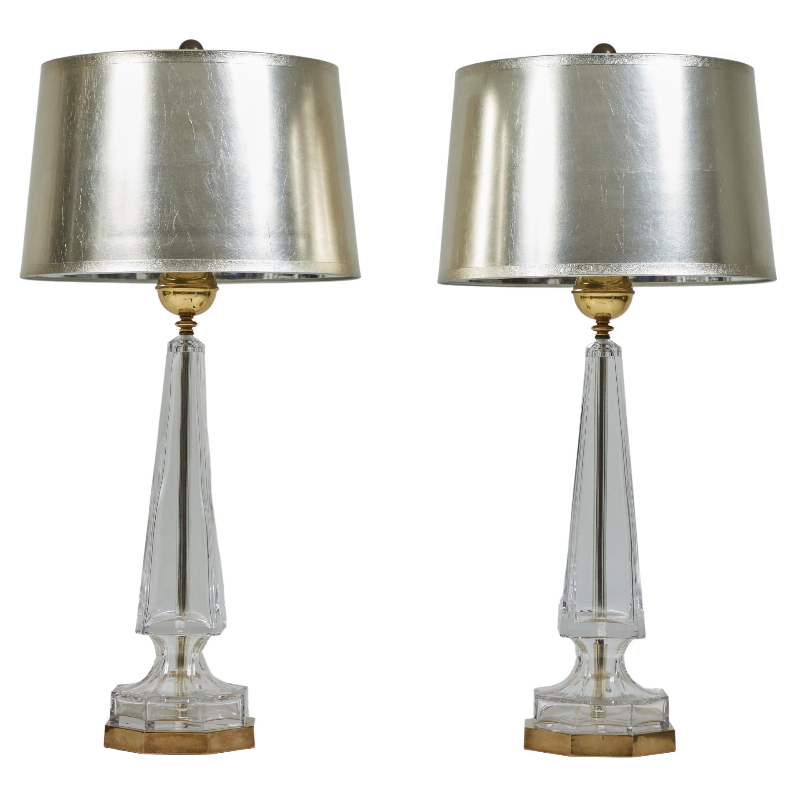A Pair of Crystal Obelisk Lamps with Silver Leafed Shades, Chapman Lamps 1976 For Sale