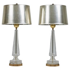 Vintage A Pair of Crystal Obelisk Lamps with Silver Leafed Shades, Chapman Lamps 1976