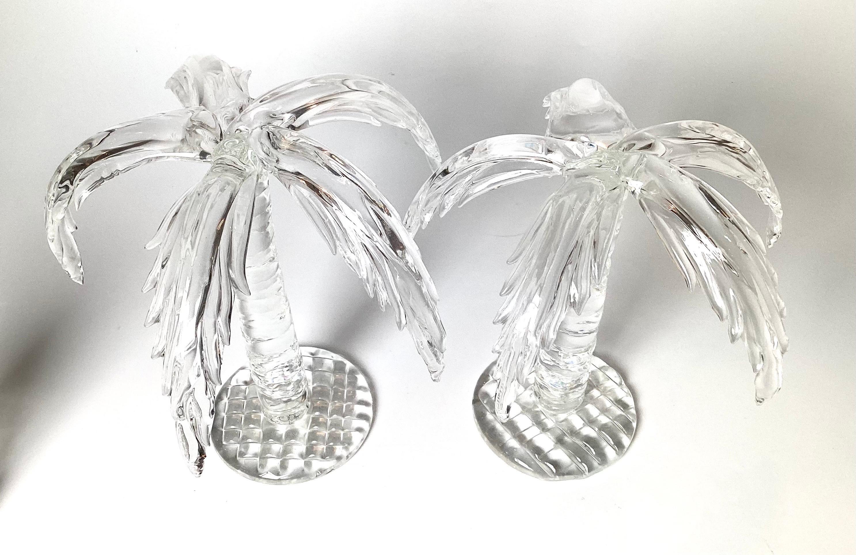 An elegant pair of crystal palm trees attributed to Icet Arte Murano, Christaleria Artistica, hand made in Italy, 1970, the pair at 10 inches tall, one slightly taller than the other, using the hand made artist liberty.