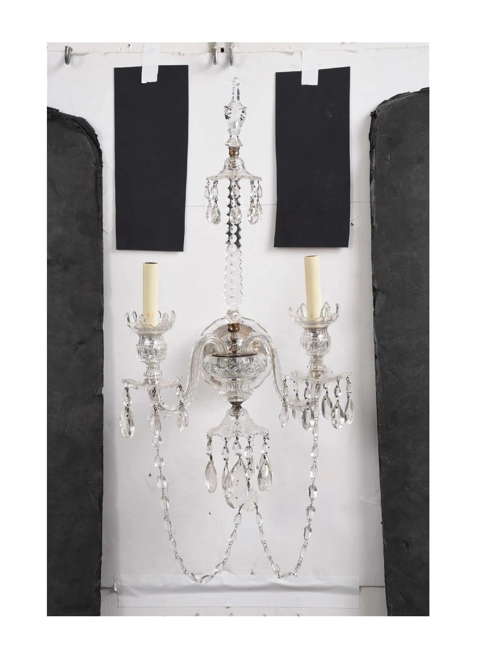 English A Pair of Crystal Two Light Wall Sconces For Sale