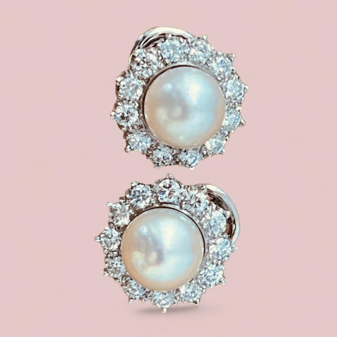 A Pair of Cultured Pearl and Diamond Earclips Mounted in Platinum. Circa 1970's  For Sale 5