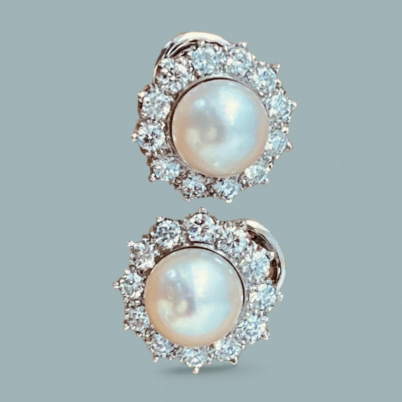 A Pair of Cultured Pearl and Diamond Earclips Mounted in Platinum. Circa 1970's  For Sale 10