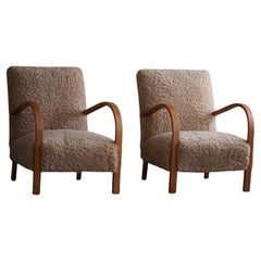 A Pair of Curved Art Deco Lounge Chairs in Lambswool, Danish Modern, 1940s
