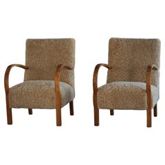 A Pair of Curved Art Deco Lounge Chairs in Lambswool, Danish Modern, 1940s