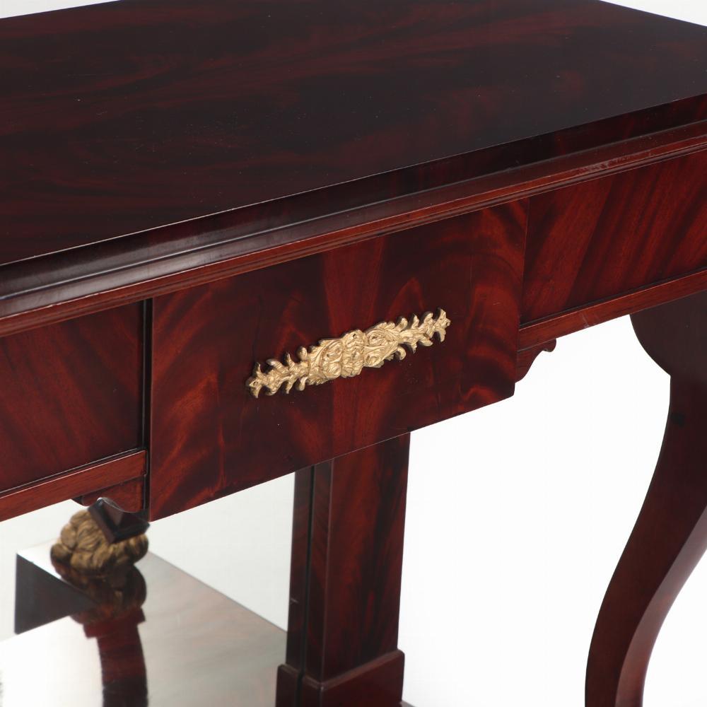 French A Pair of custom Empire style crotch mahogany console tables. For Sale