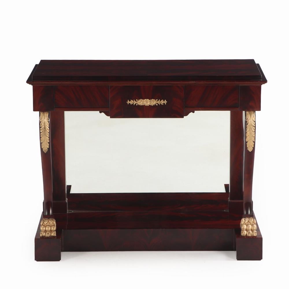 A Pair of custom Empire style crotch mahogany console tables. In Good Condition For Sale In Philadelphia, PA
