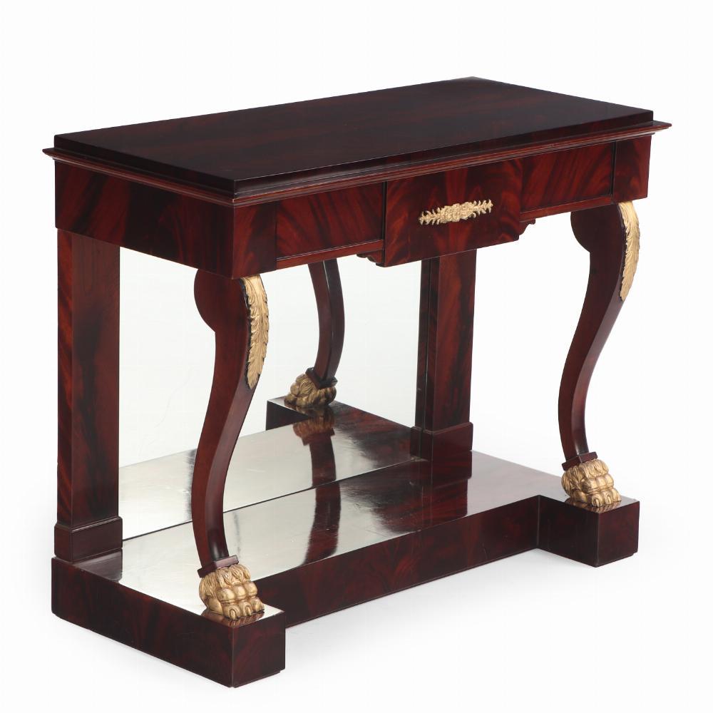 20th Century A Pair of custom Empire style crotch mahogany console tables. For Sale