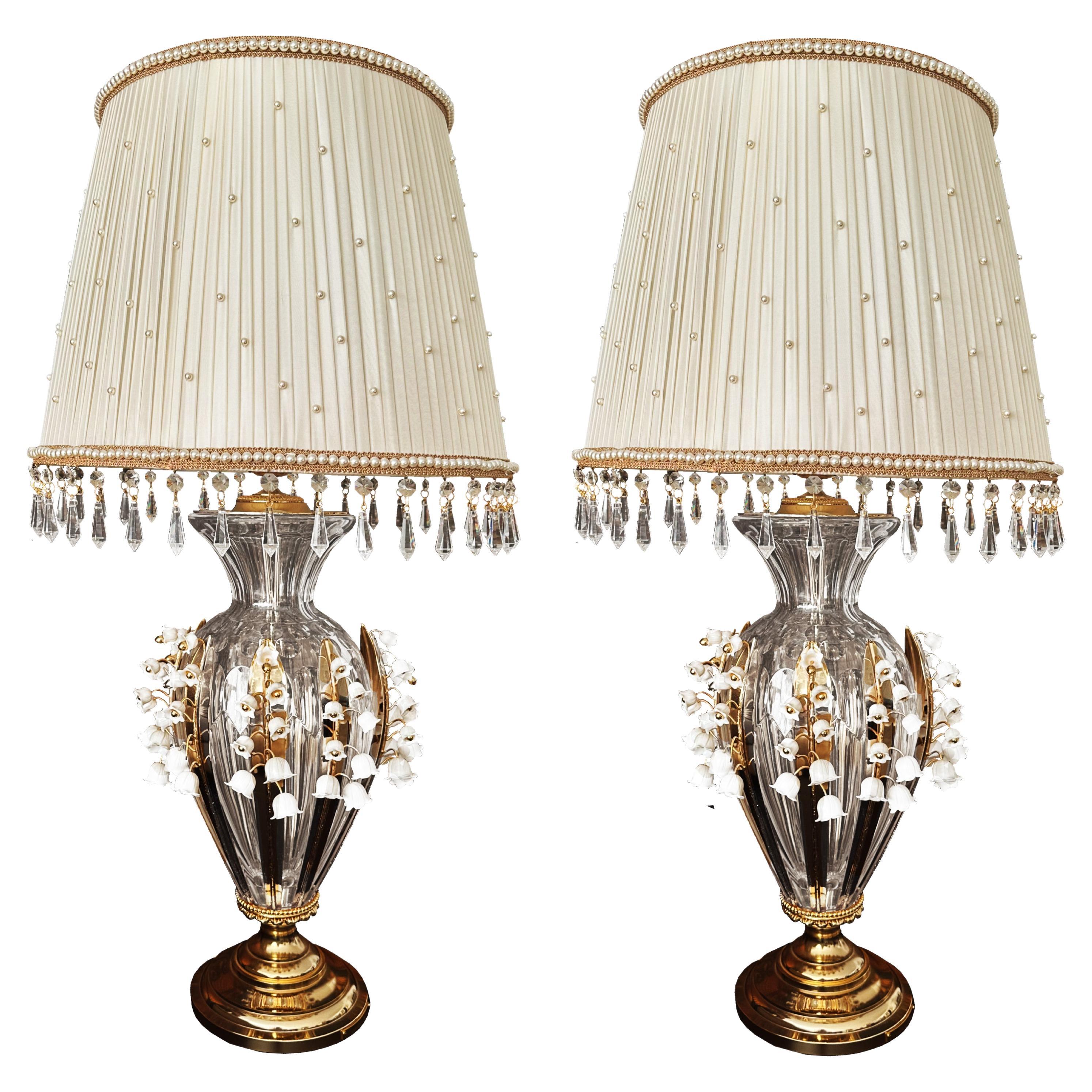 Pair of Custom Made Neoclassical Revival  Crystal and Porcelain Table Lamps