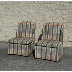 A Pair Of Custom Plaid Boudoir Wingback Accent Chairs With Skirt