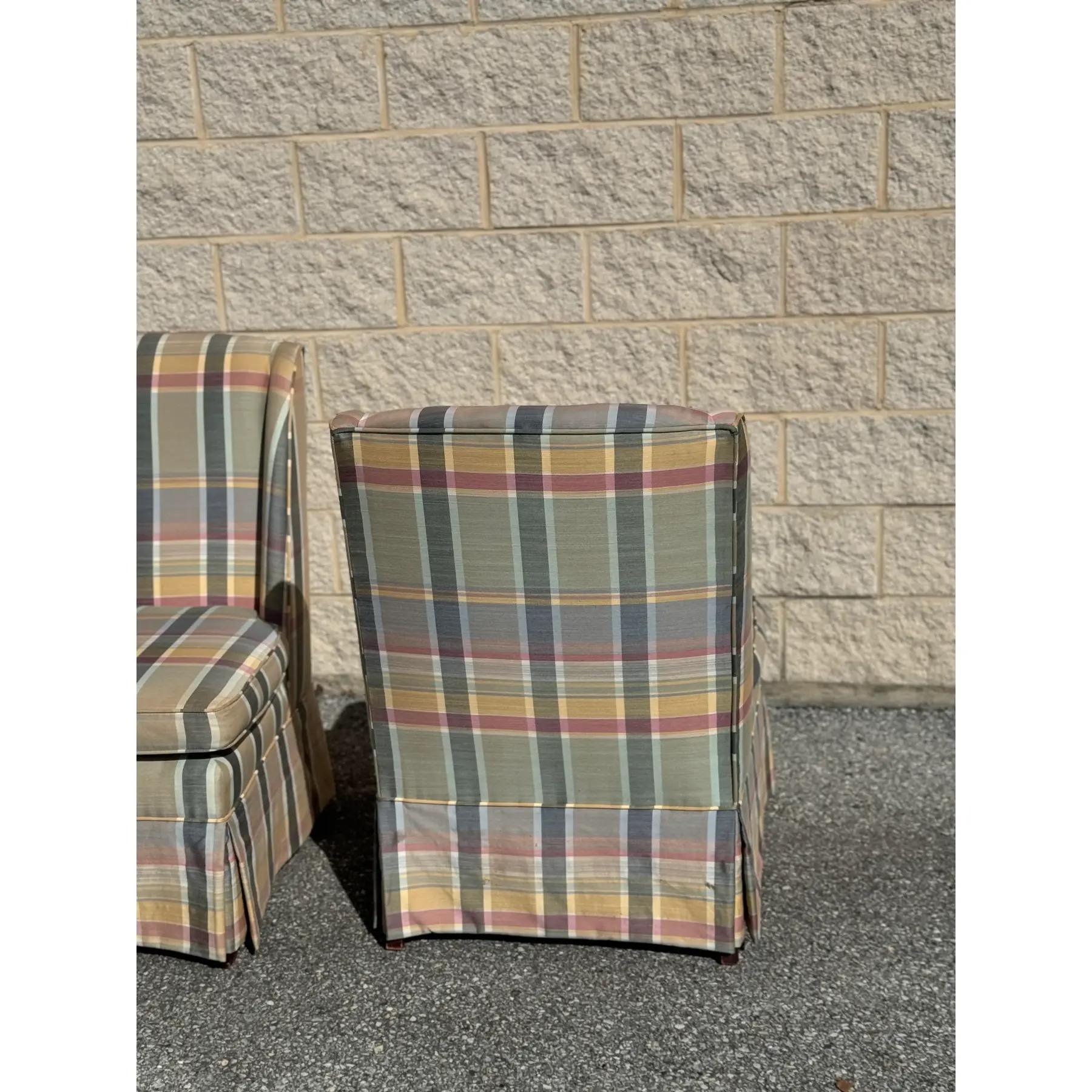 Mid-Century moderno A Pair Of Custom Plaid Boudoir Wingback Accent Chairs With Skirt in vendita