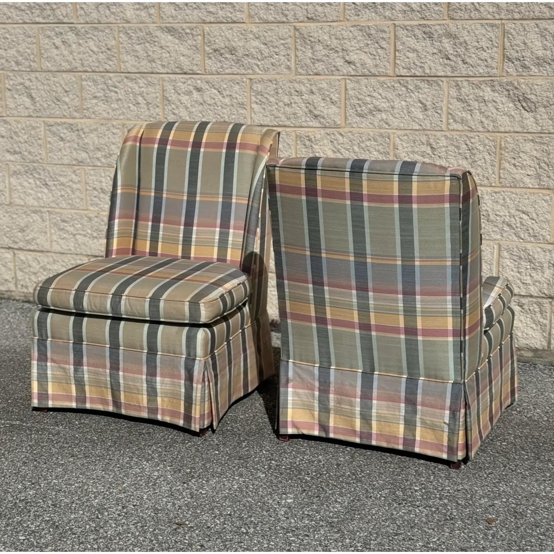 Americano A Pair Of Custom Plaid Boudoir Wingback Accent Chairs With Skirt in vendita