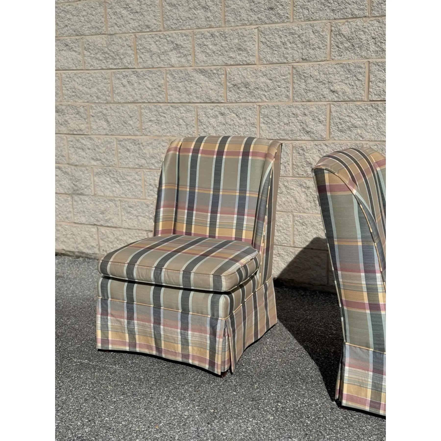 A Pair Of Custom Plaid Boudoir Wingback Accent Chairs With Skirt in vendita 1