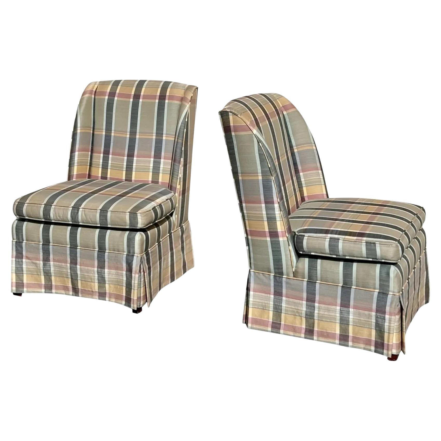 A Pair Of Custom Plaid Boudoir Wingback Accent Chairs With Skirt
