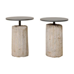 Pair of Custom Side Tables with Mill Grinding Stone Bases and Iron Tops