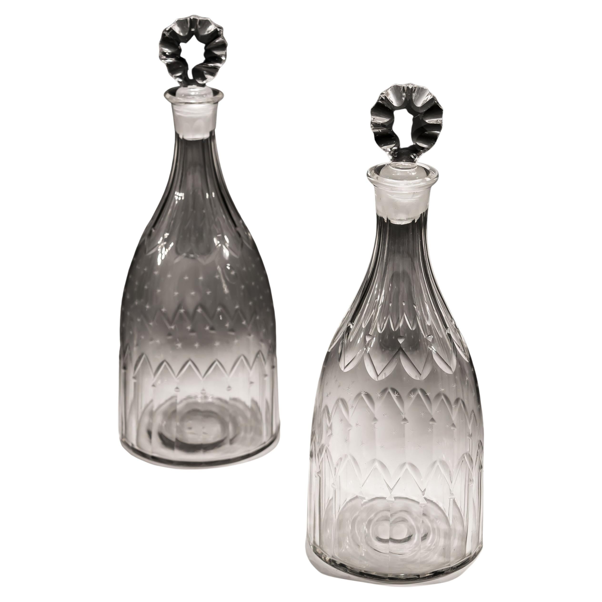 Pair of Cut Glass 18th Century Tapered Decanters Finely Engraved with Stars For Sale