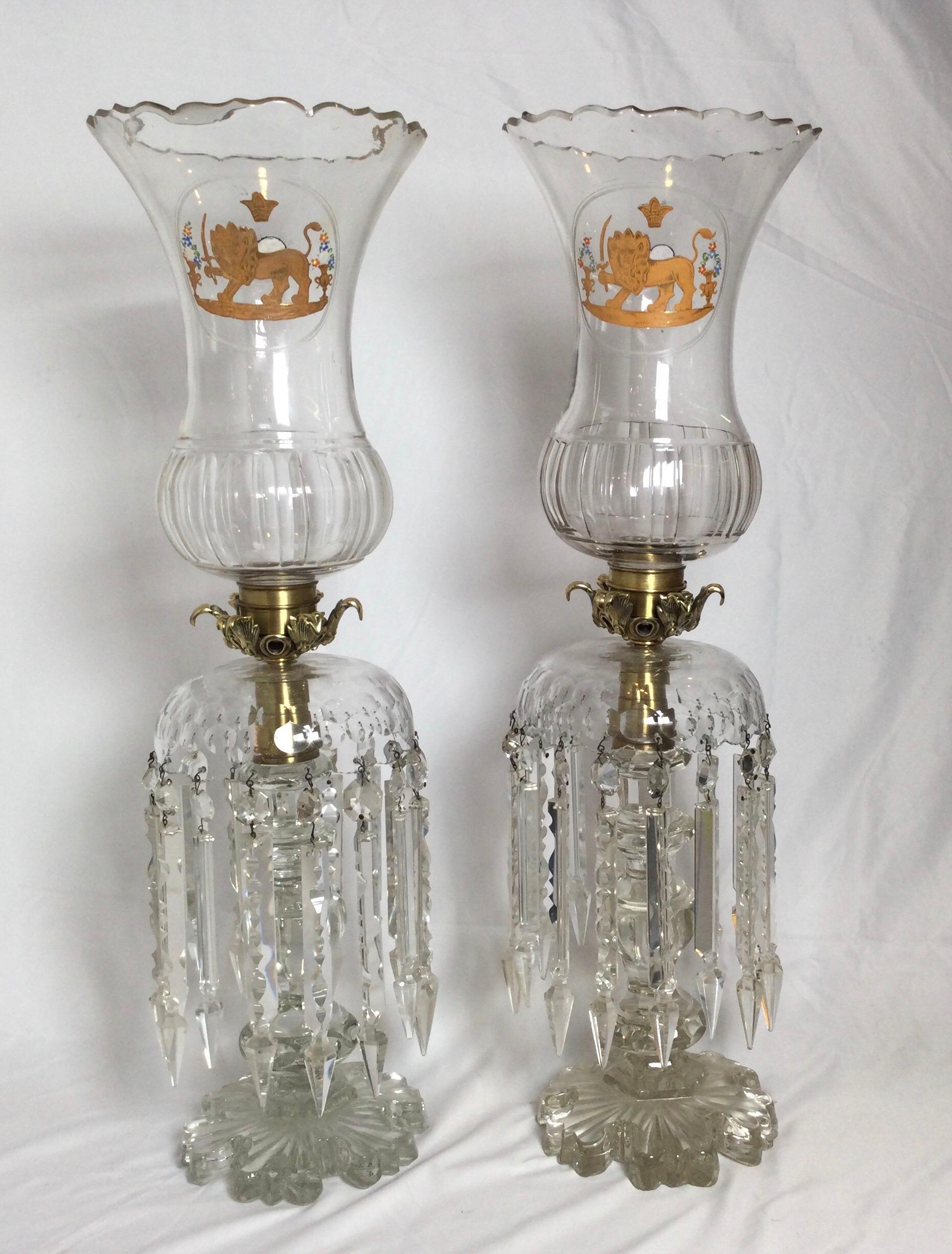 Victorian Pair of Cut Glass Hurricane Candlesticks with Lion Decoration