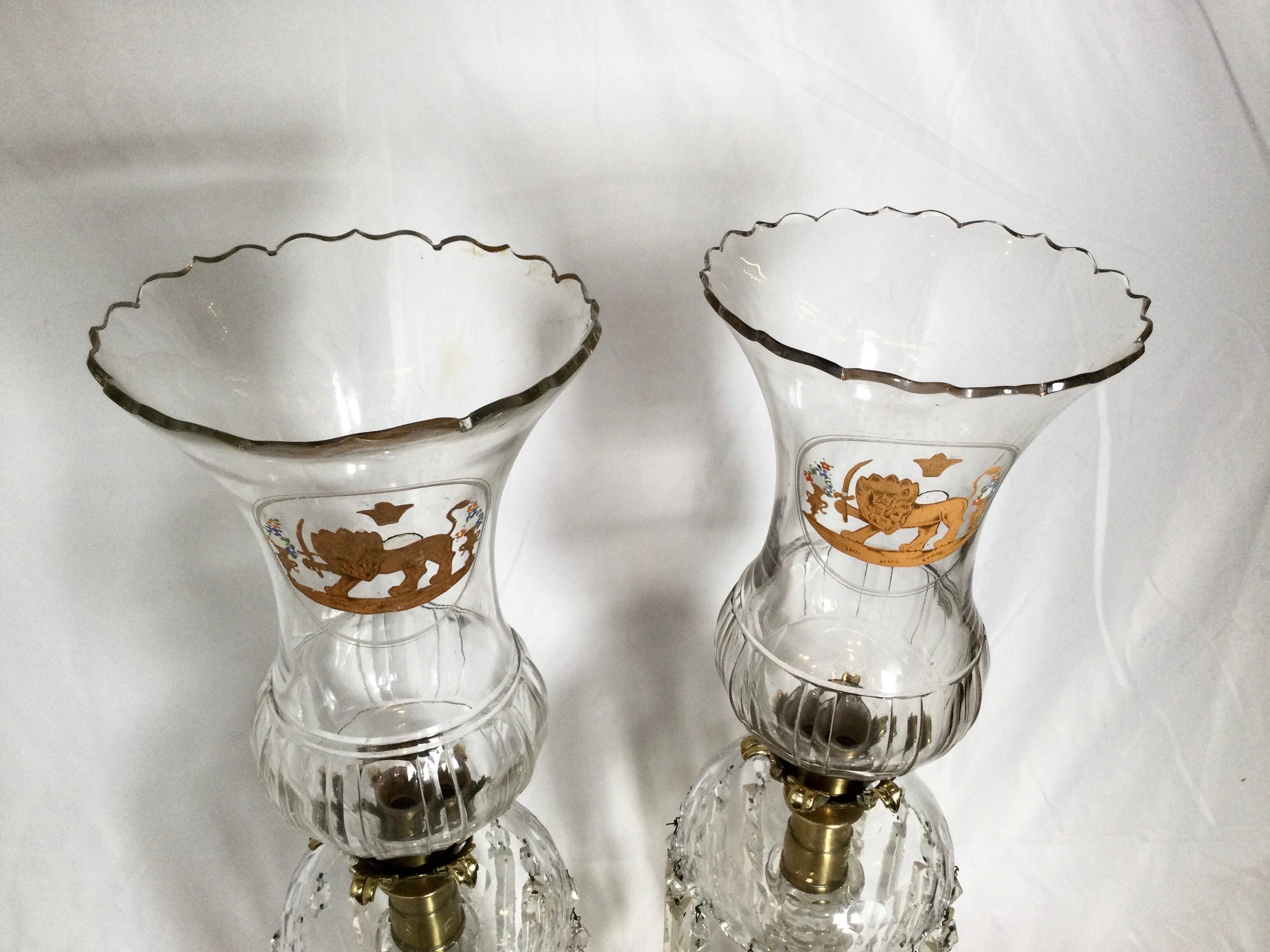 American Pair of Cut Glass Hurricane Candlesticks with Lion Decoration