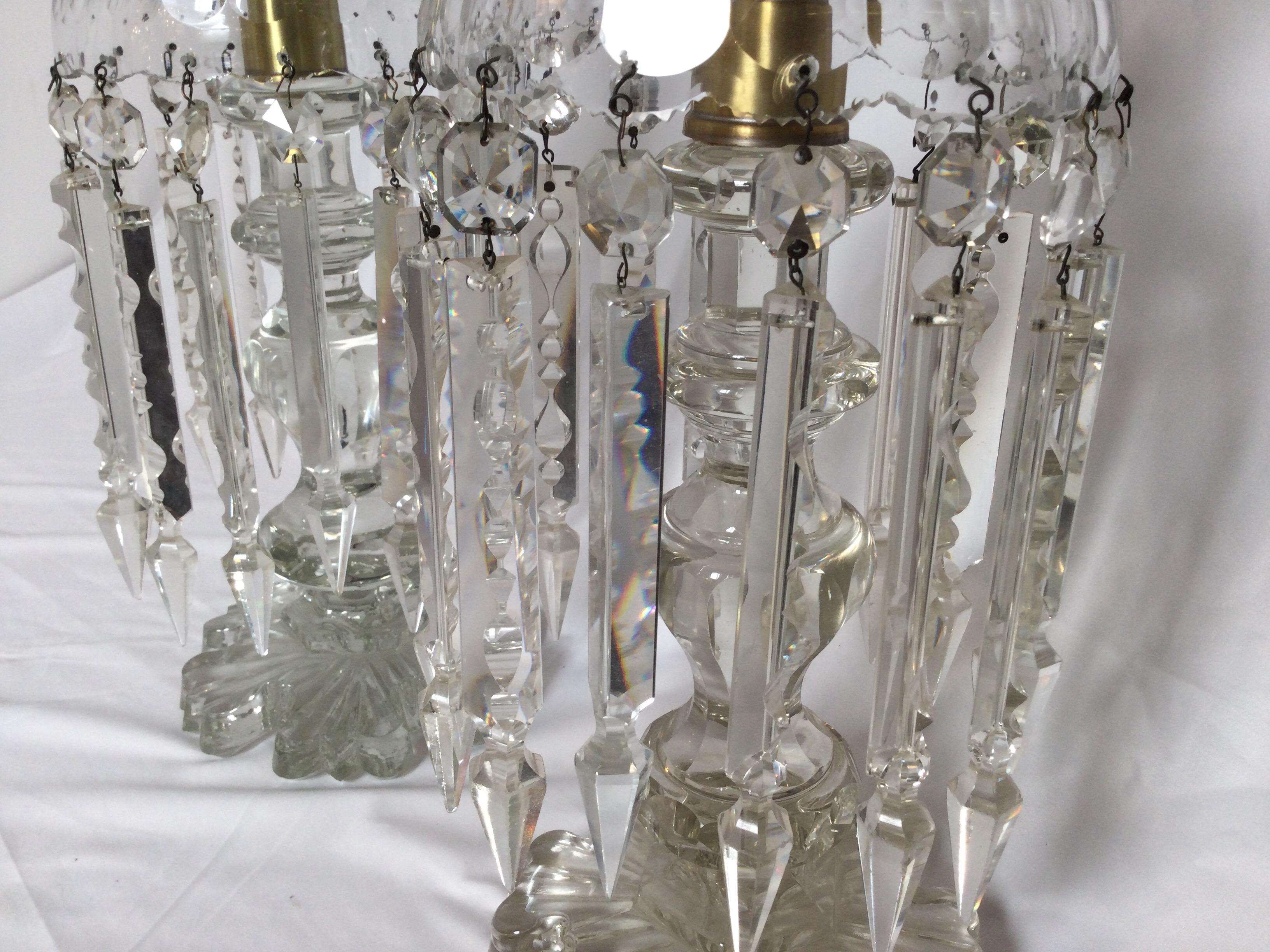Pair of Cut Glass Hurricane Candlesticks with Lion Decoration In Good Condition In Lambertville, NJ