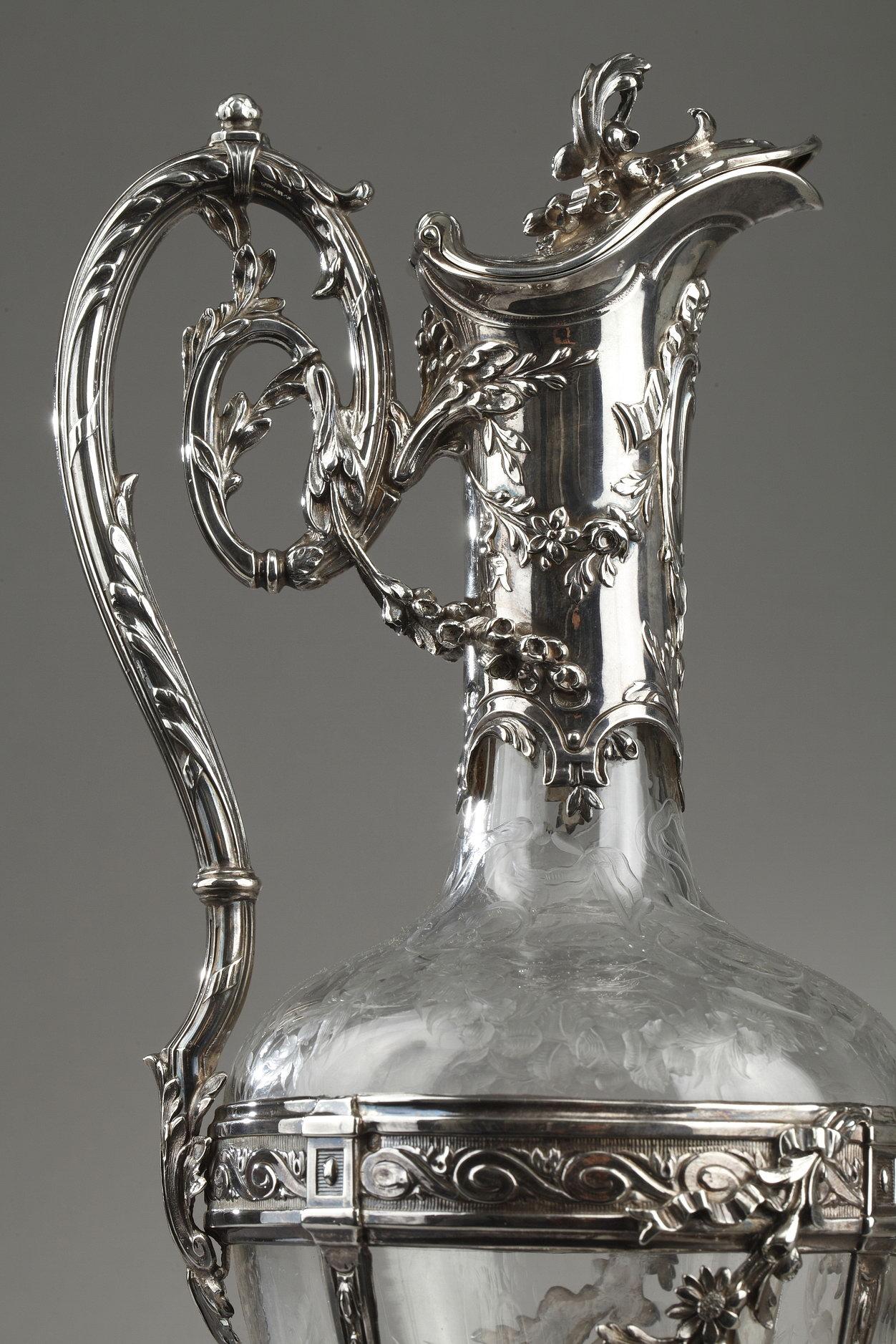 French Pair of Cut-Glass Silver-Mounted Decanters, 19th Century, Edmond Tétard For Sale