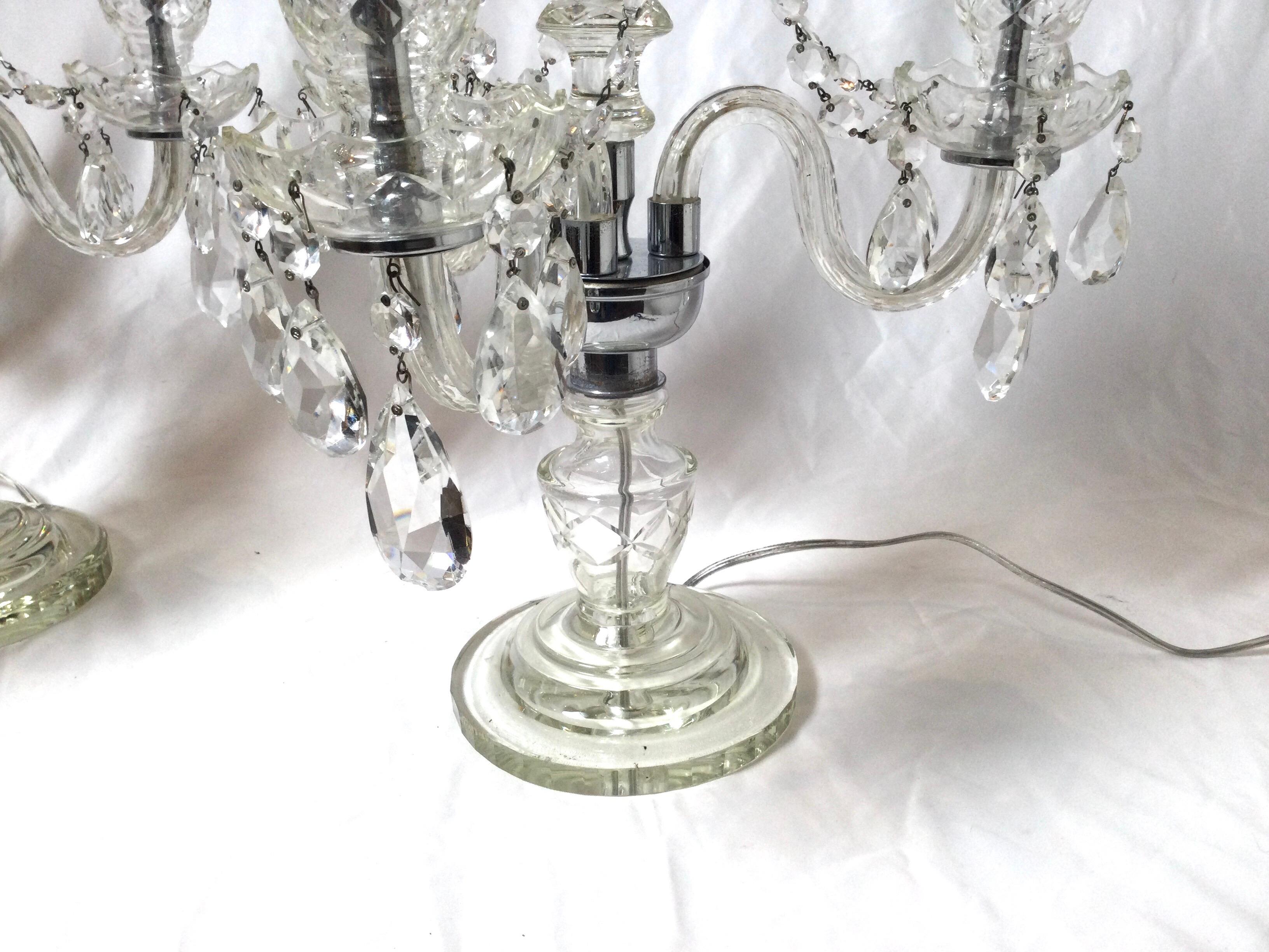 American Pair of Cut Glass Three Light Girandole Lamps For Sale