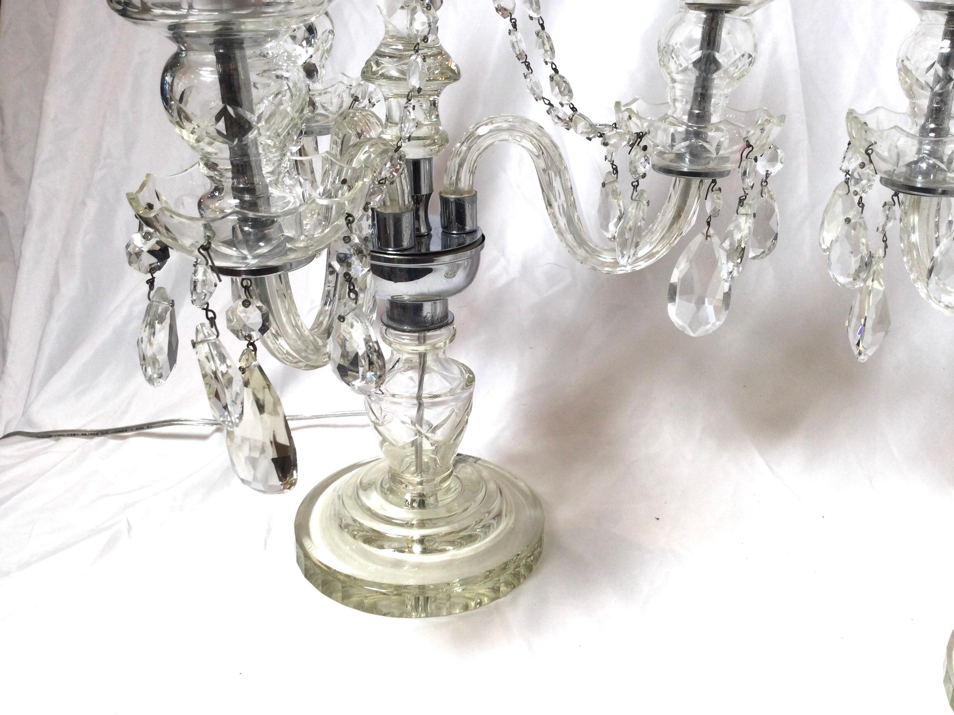 Pair of Cut Glass Three Light Girandole Lamps In Excellent Condition For Sale In Lambertville, NJ