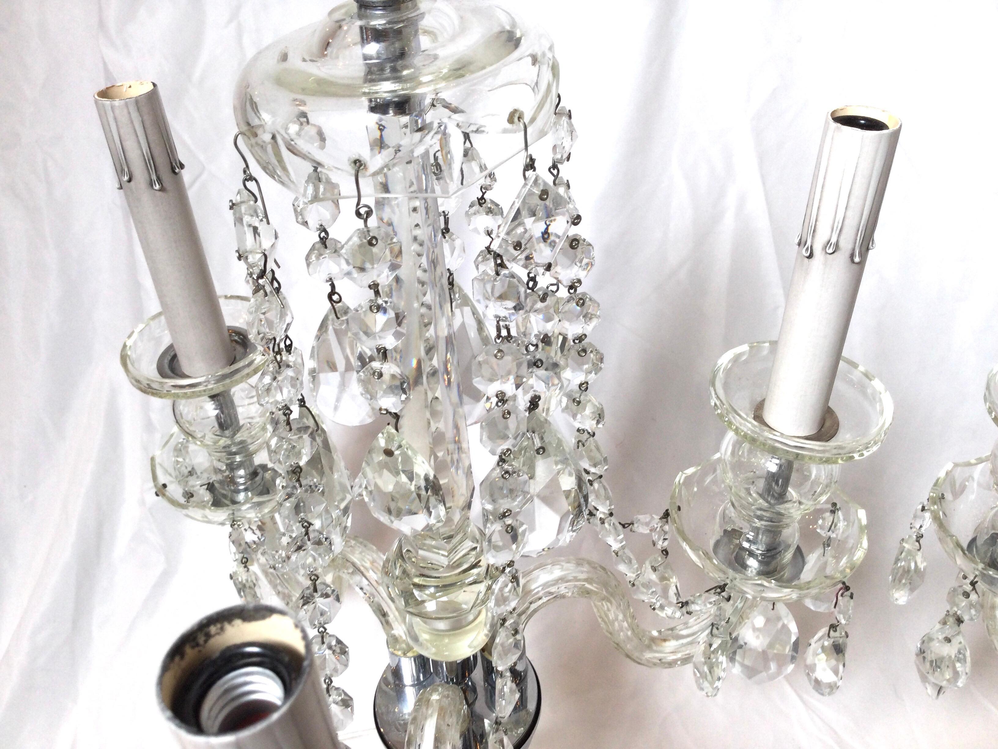 20th Century Pair of Cut Glass Three Light Girandole Lamps For Sale