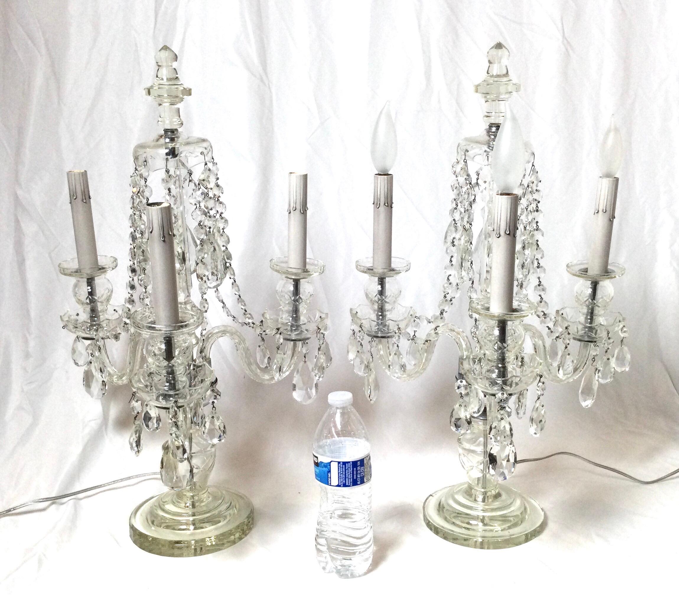 Pair of Cut Glass Three Light Girandole Lamps For Sale 1