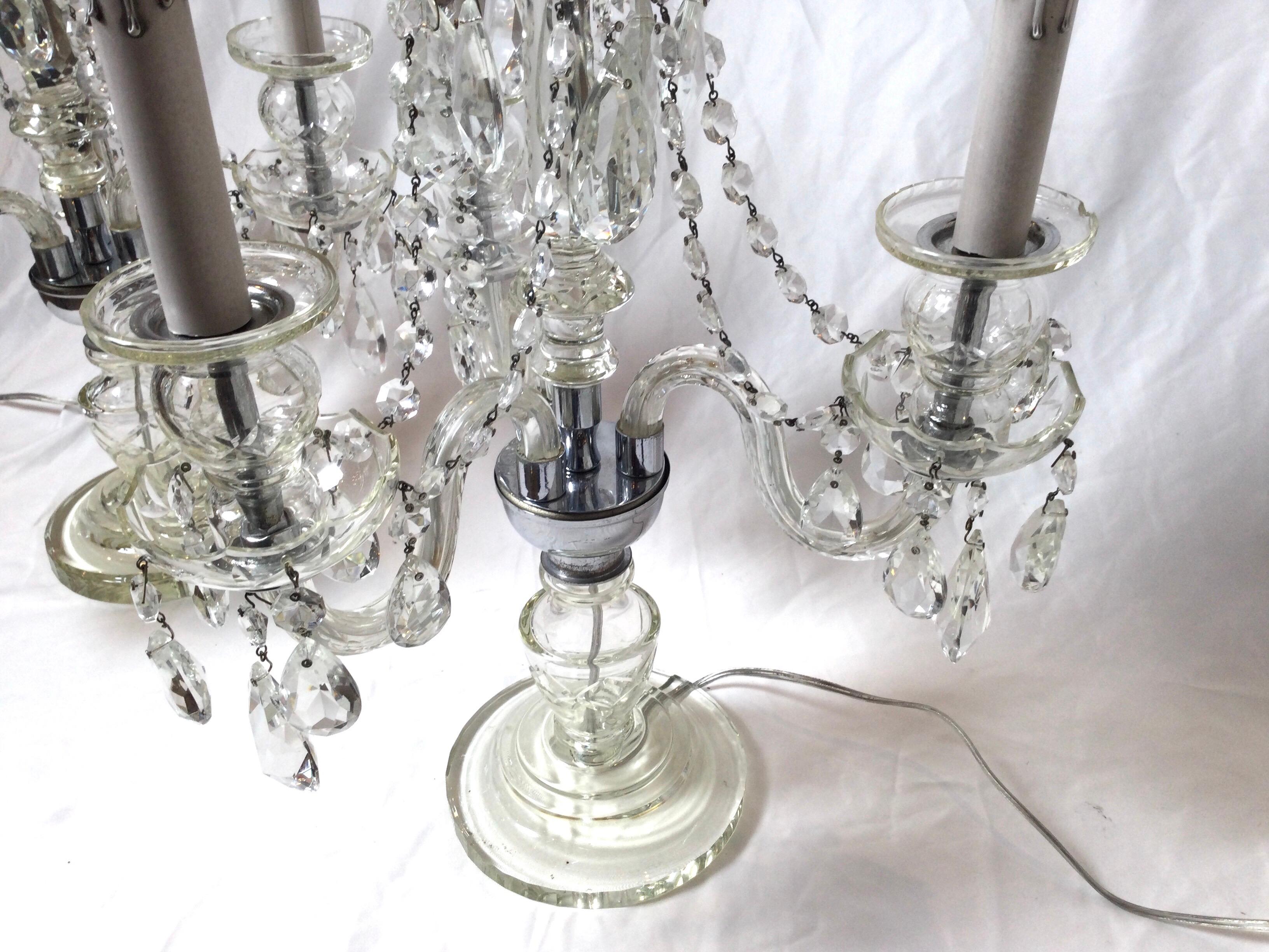 Pair of Cut Glass Three Light Girandole Lamps For Sale 2