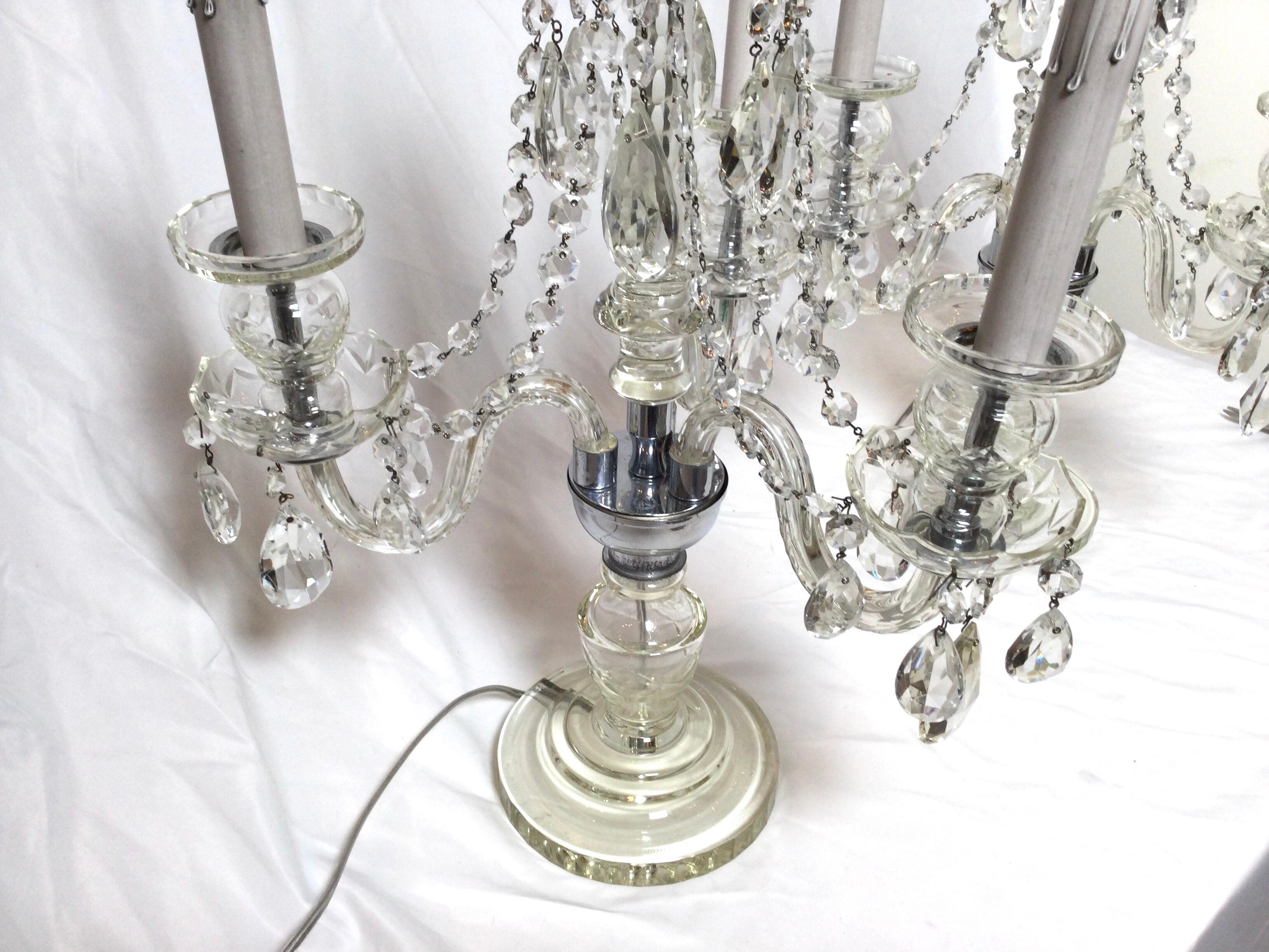 Pair of Cut Glass Three Light Girandole Lamps For Sale 3