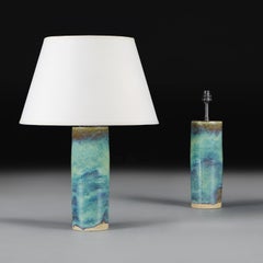 A Pair of Cylindrical Pottery Lamps with Blue Flambe Glaze