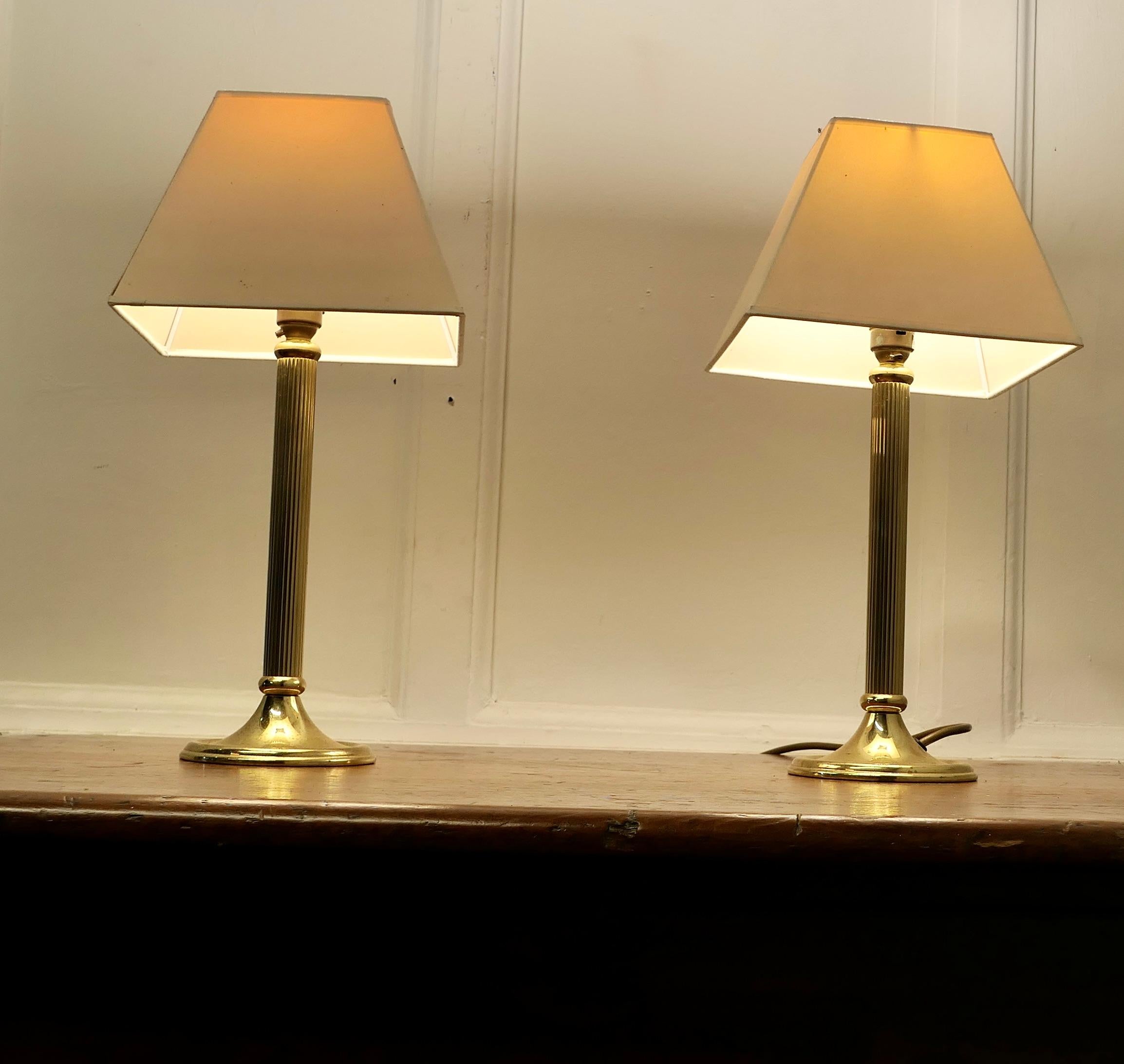 Modern A pair of Dainty Brass Corinthian Column Bedside Lamps with Shades  