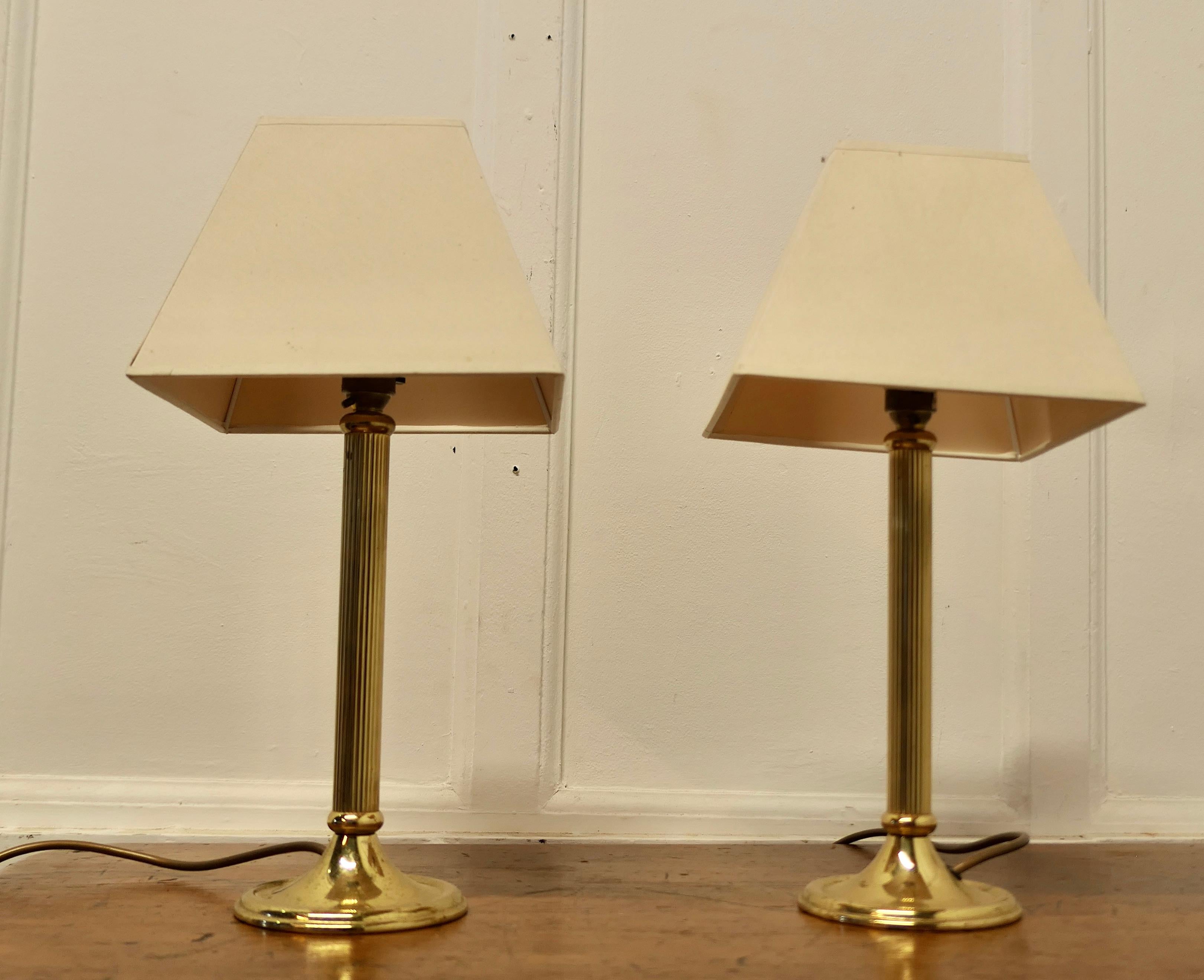 A pair of Dainty Brass Corinthian Column Bedside Lamps with Shades   1