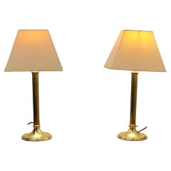A pair of Dainty Brass Corinthian Column Bedside Lamps with Shades  