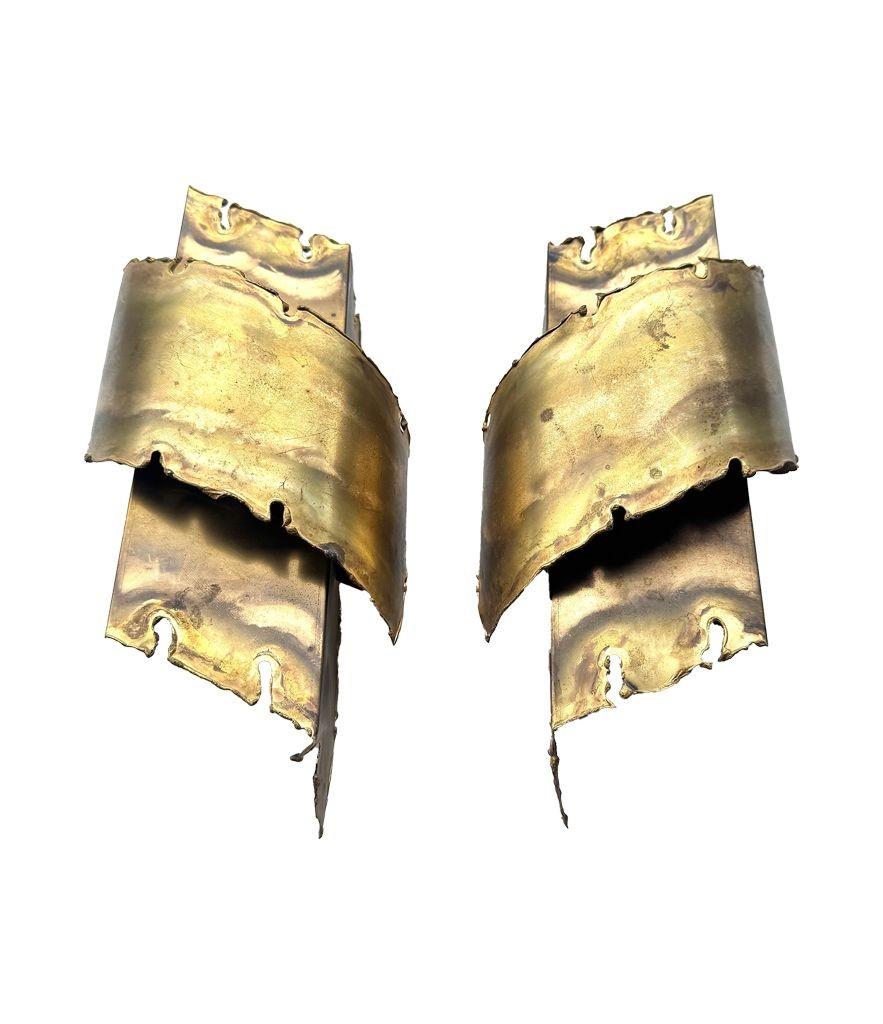 A pair of Danish 1960s Holm Sorensen torch cut brass wall sconces For Sale 4