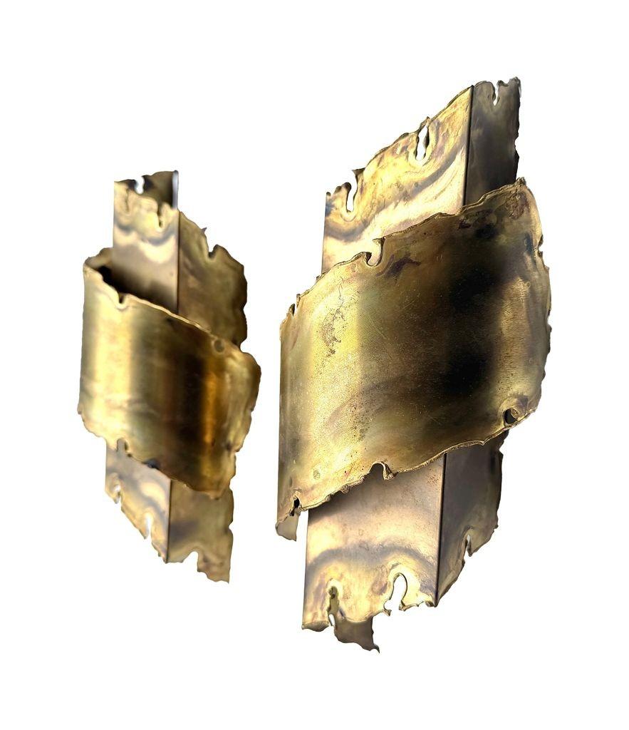 A pair of Danish 1960s Holm Sorensen torch cut brass wall sconces For Sale 6
