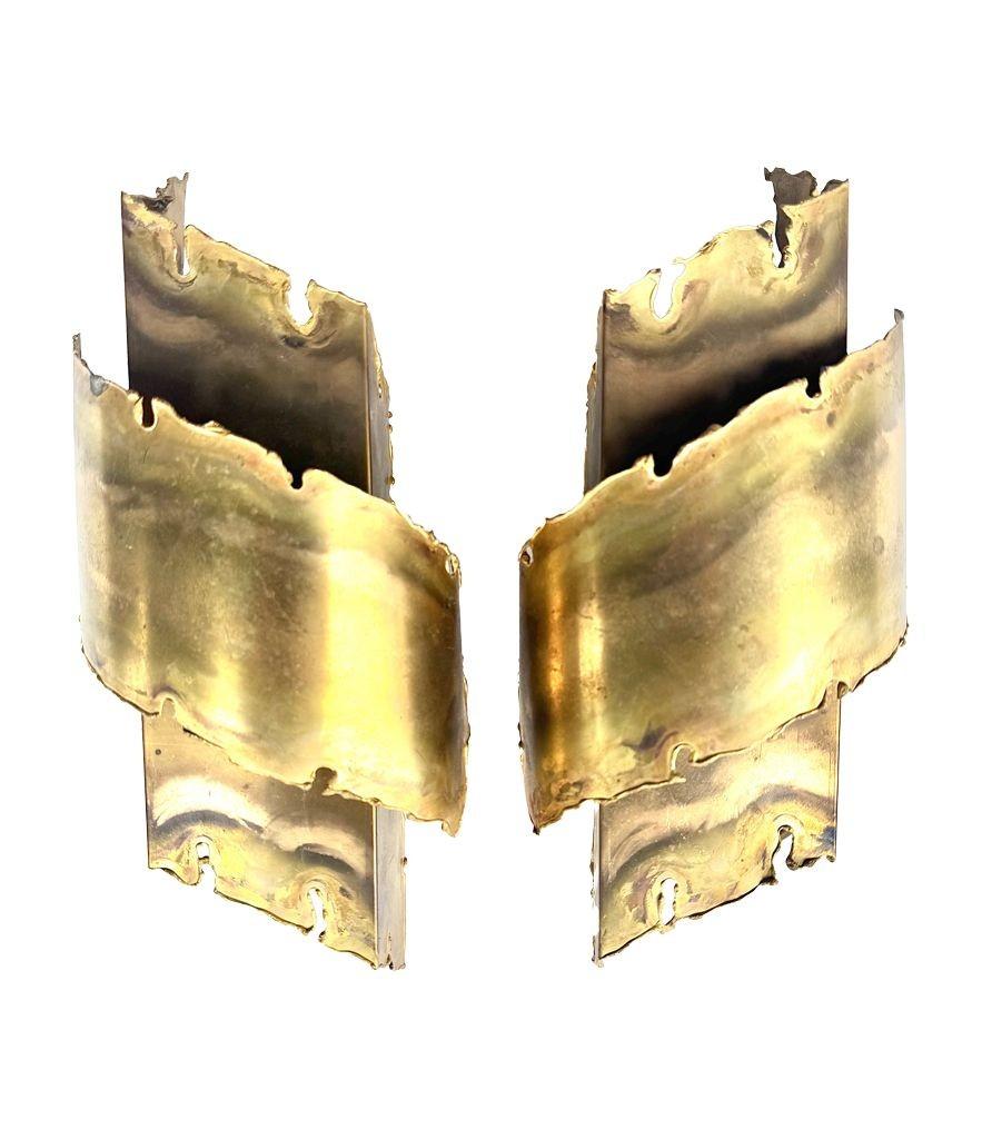 A pair of Danish 1960s Holm Sorensen torch cut brass wall sconces For Sale 11