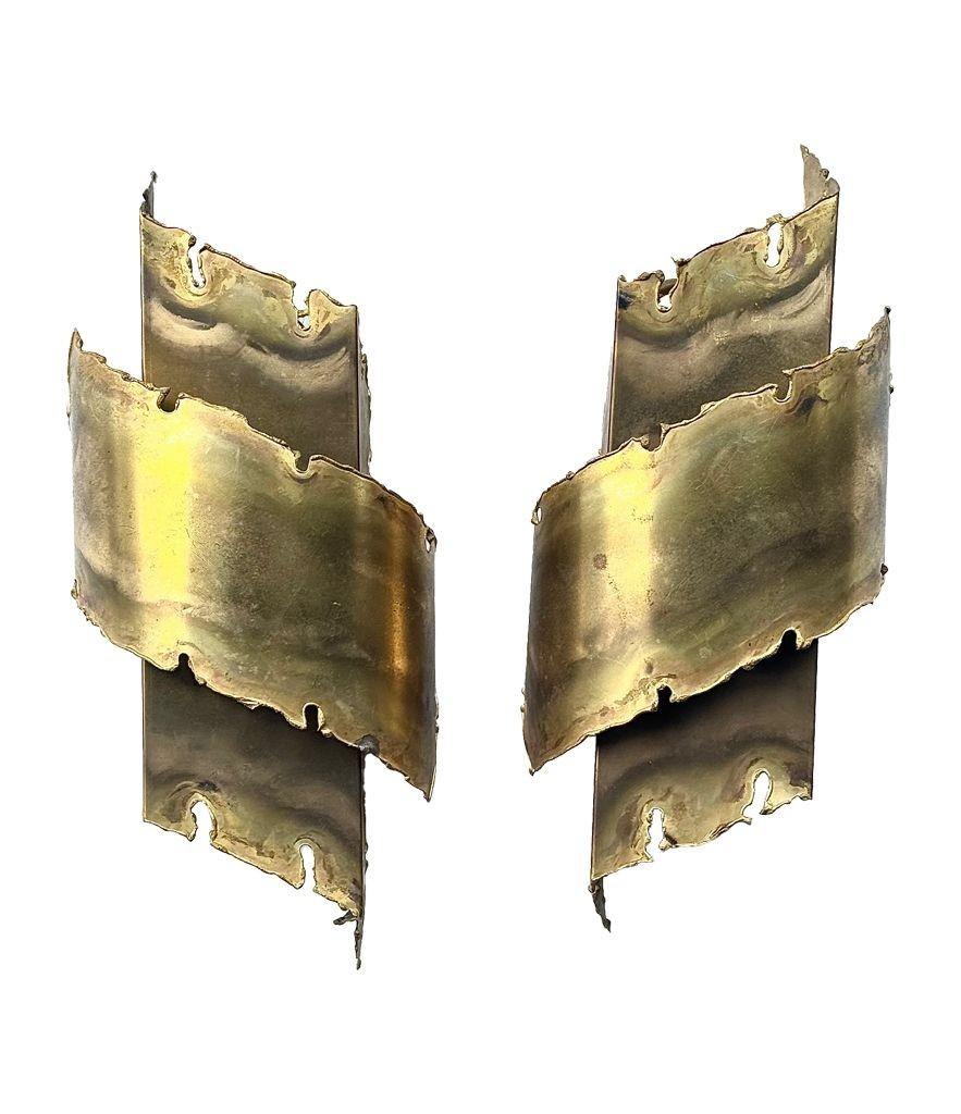 A pair of Danish 1960s Holm Sorensen torch cut brass wall sconces For Sale 3