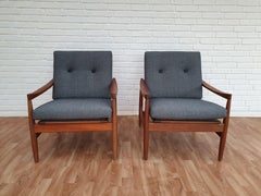 Pair of Danish Armchairs, Teak, Wool, Leather, Completely Renovated