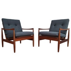 Pair of Danish Armchairs, Teak, Wool, Leather, Completely Renovated