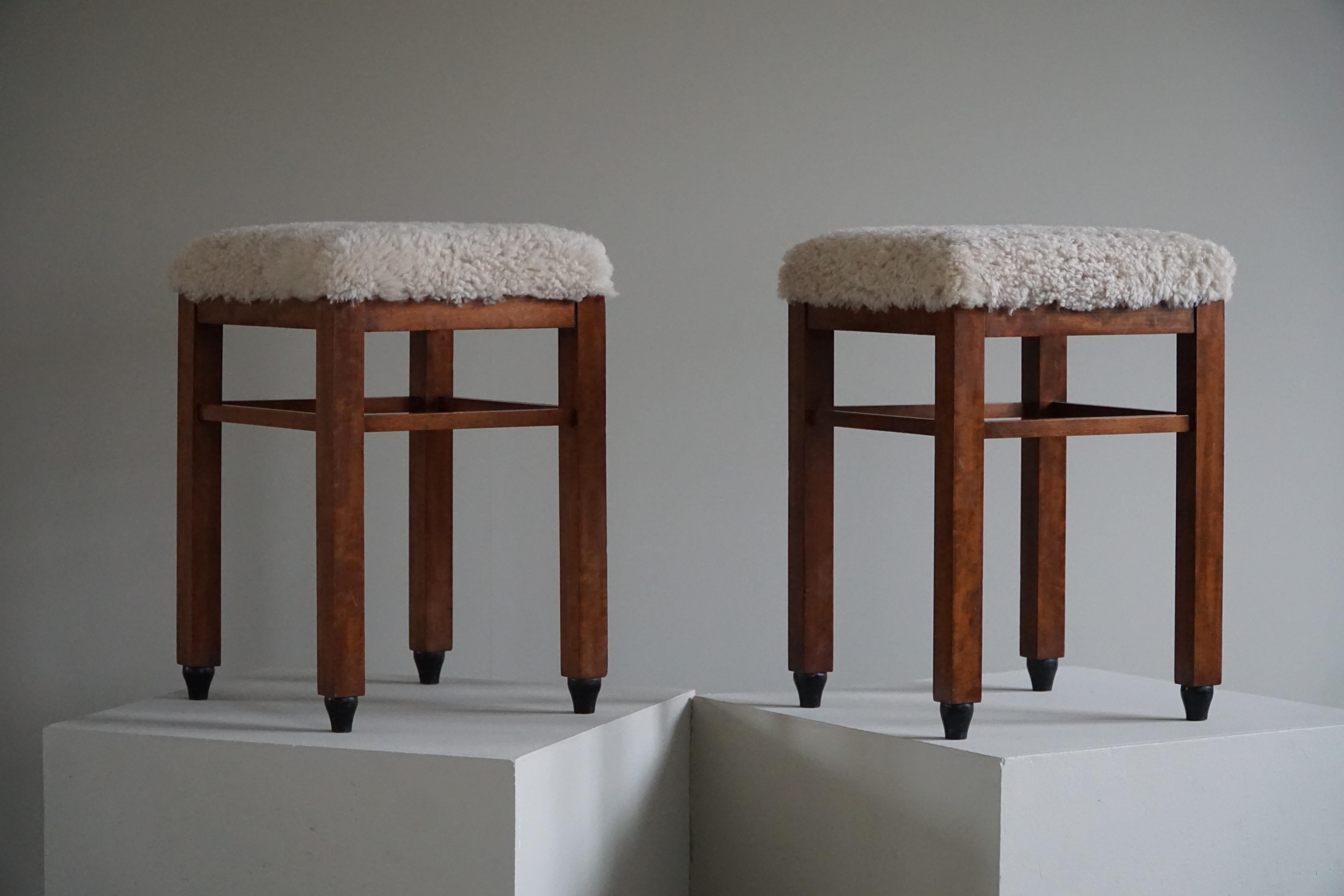 Pair of Danish Art Deco Stools, Reupholstered Seats in Lambswool, 1940s ...