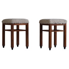 Pair of Danish Art Deco Stools, Reupholstered Seats in Lambswool, 1940s