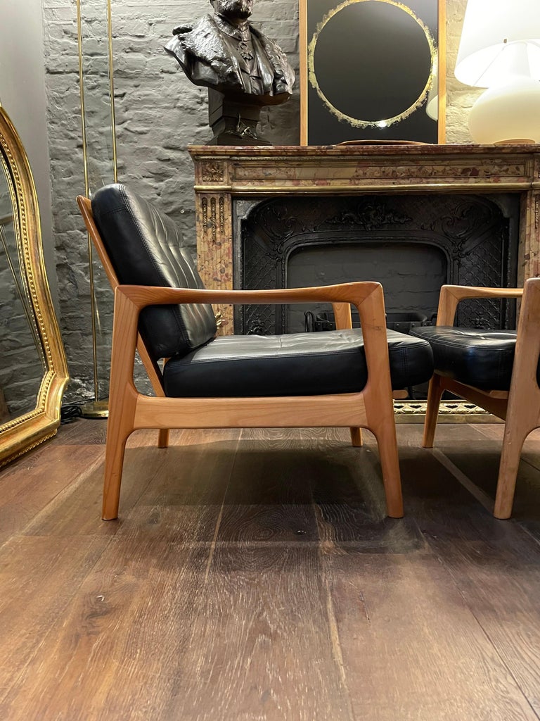 Pair of Danish Black Leather and Cherry Wood Armchairs For Sale 9