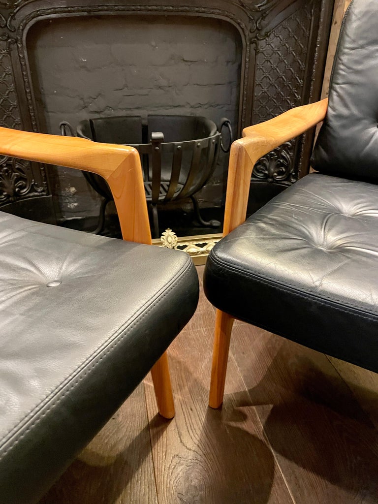 Pair of Danish Black Leather and Cherry Wood Armchairs For Sale 4