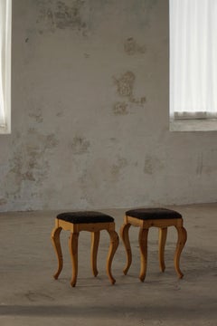 A Pair of Danish Classic Pine Stools with Lambswool Seats, Early-20th Century