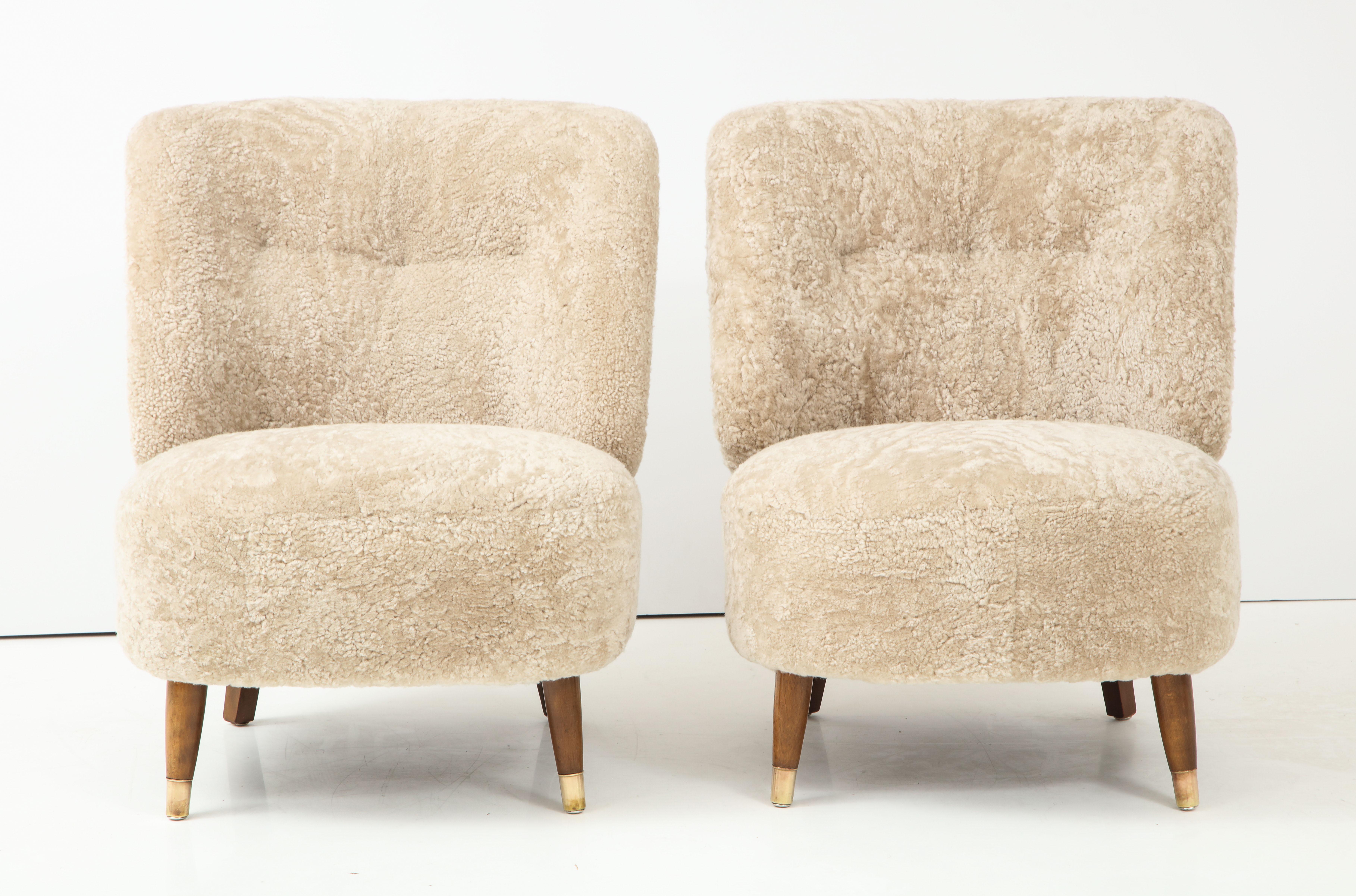 Scandinavian Modern Pair of Danish Design Sheepskin Upholstered Chairs, circa 1930s
