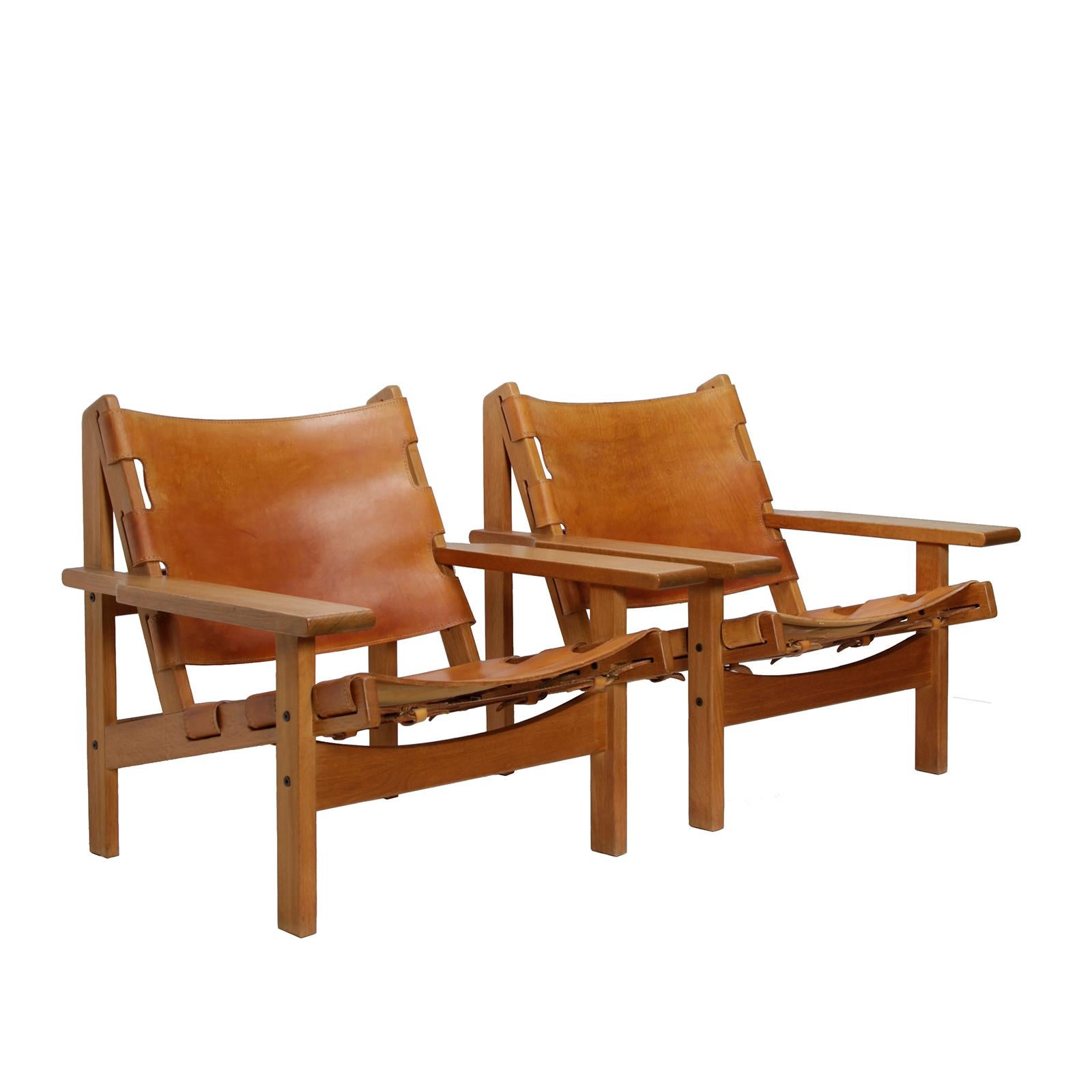 Pair of Danish Hunting Chairs in Oak and Saddle Leather by Kurt Østervig 1