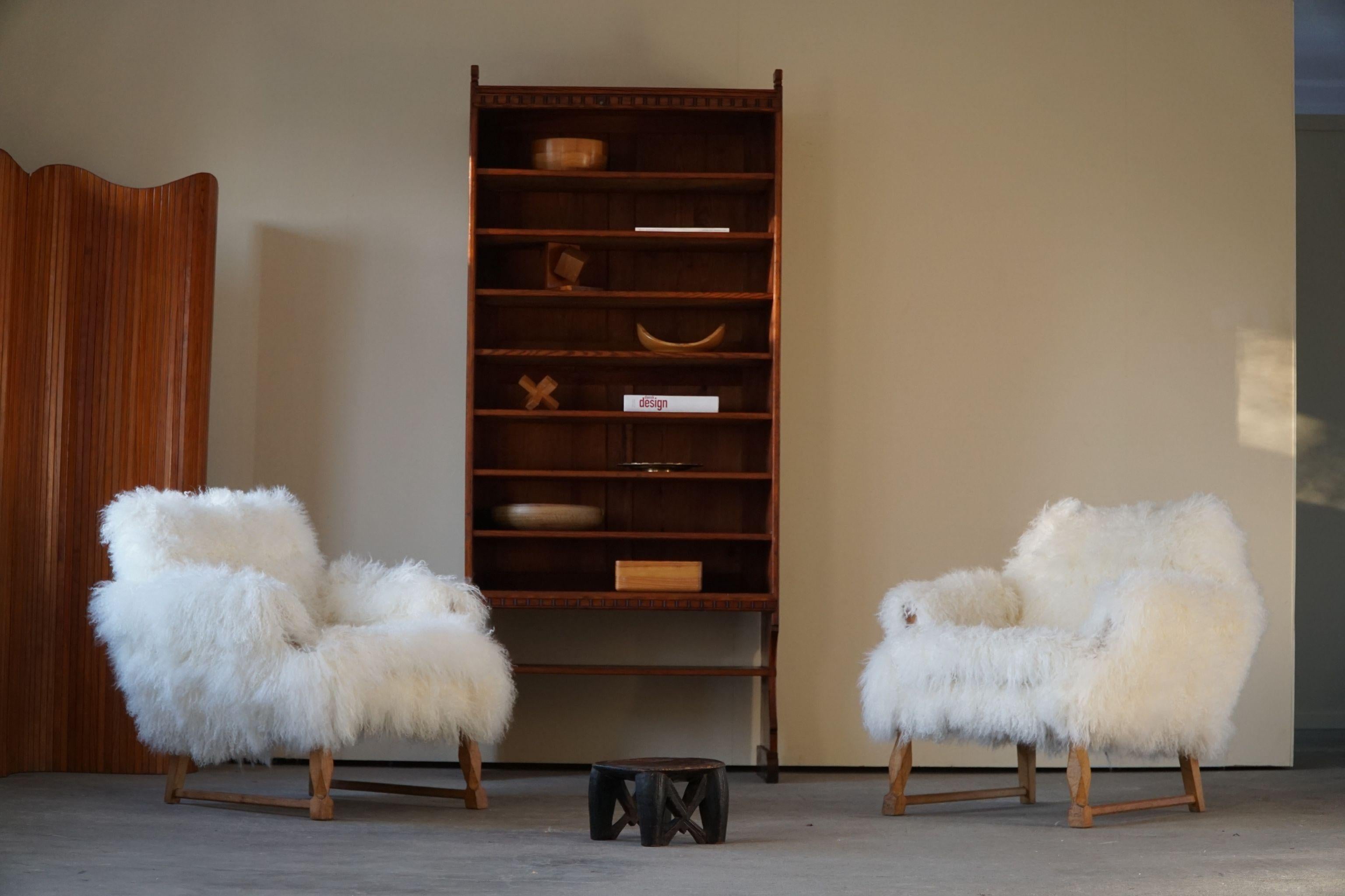 Oak Pair of Danish Mid-Century Modern Lounge Chairs in Lambswool from Tibet, 1950s