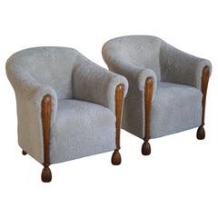 Coppia di poltrone moderne danesi in Oak e lana d'agnello Shearling, anni '60
