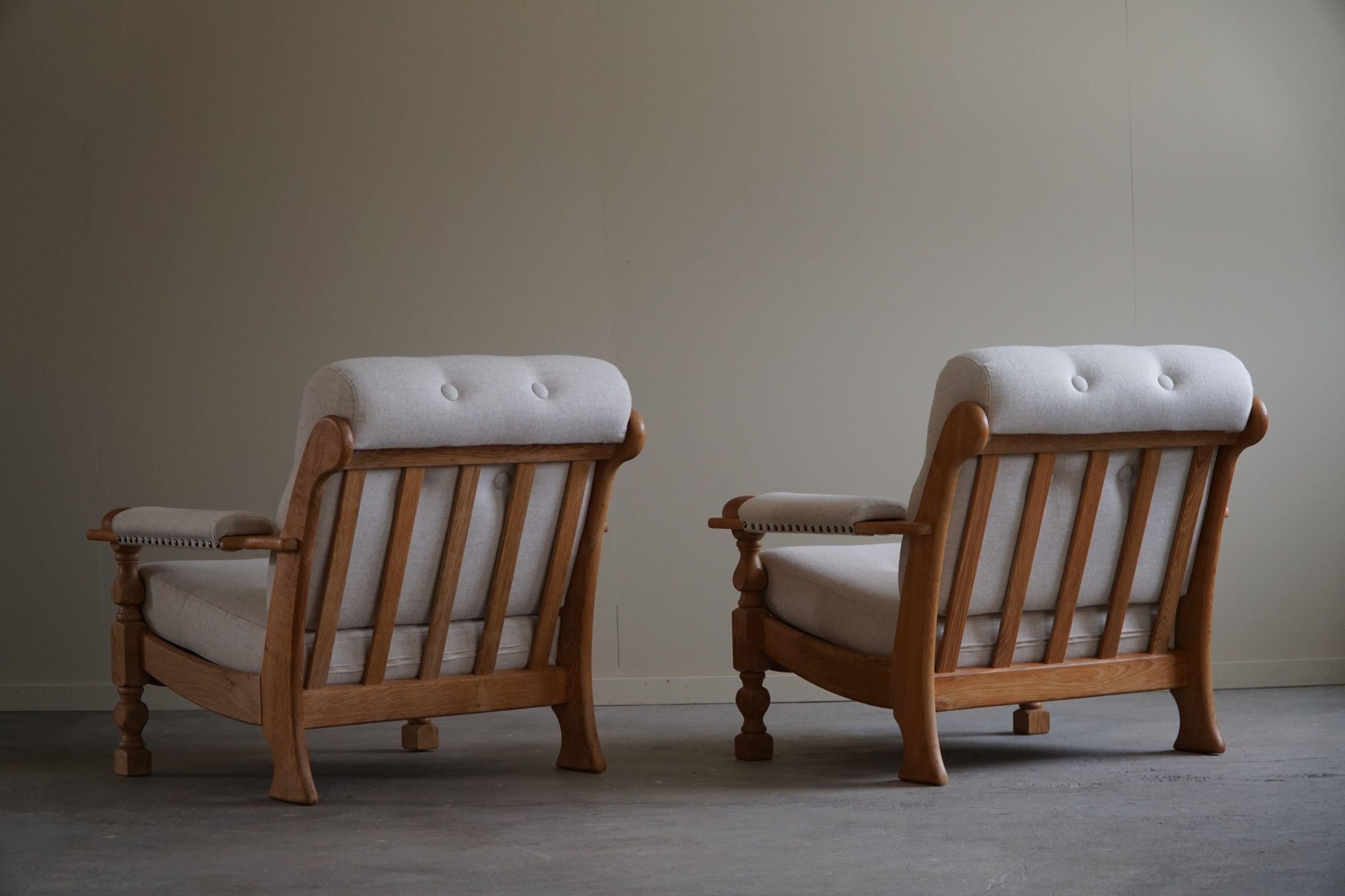 A Pair of Danish Modern Lounge Chairs in Oak & Wool, Henning Kjærnulf, 1960s 2