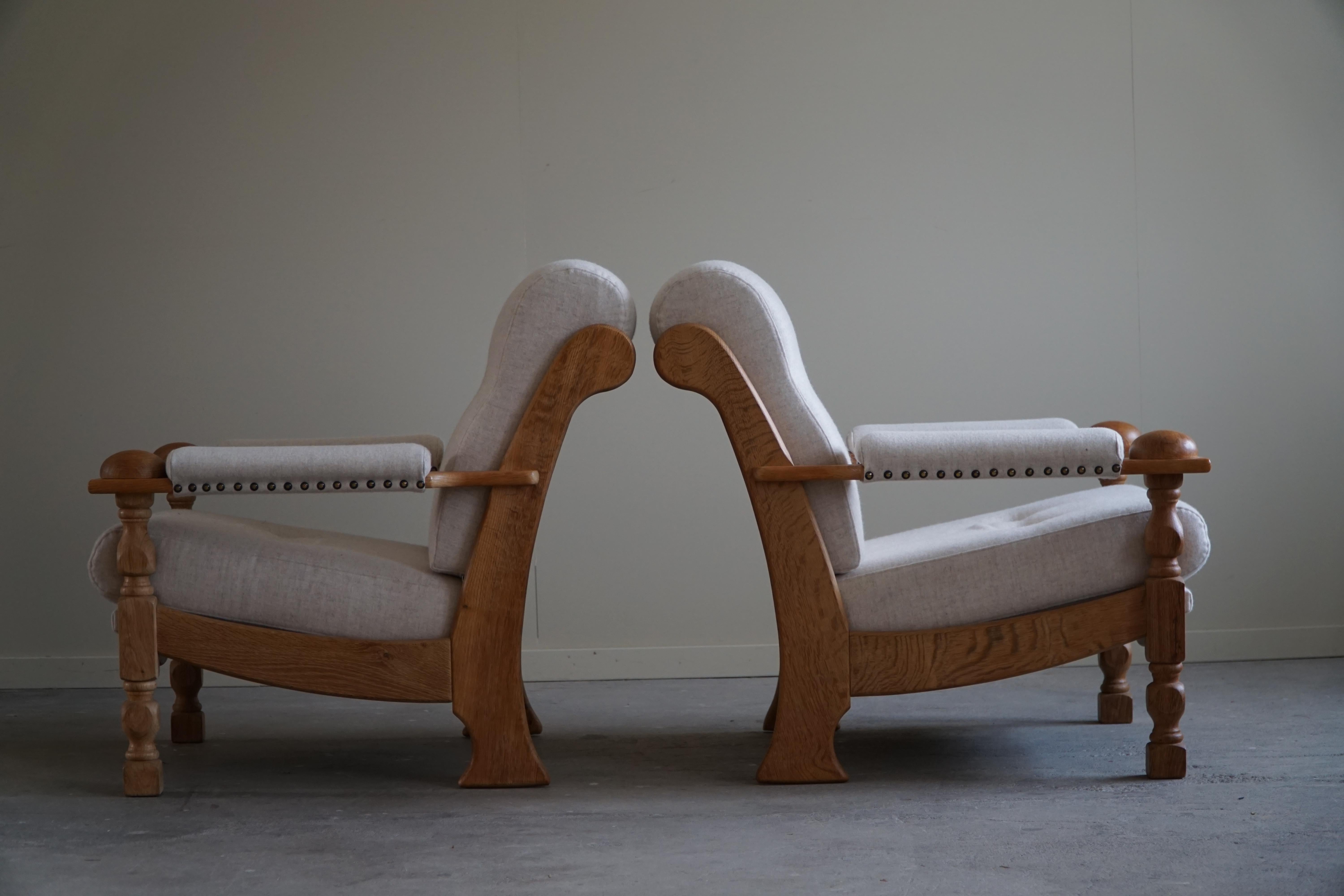 A Pair of Danish Modern Lounge Chairs in Oak & Wool, Henning Kjærnulf, 1960s 4